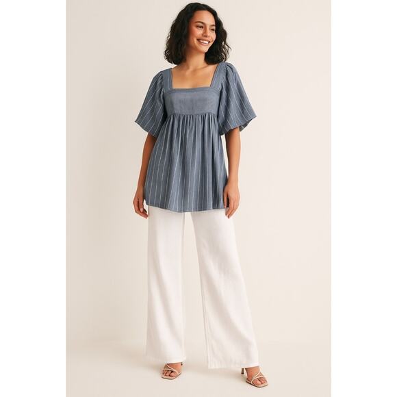 Free People Gigi Tunic Top XS Blue Stripe Tie Back Balloon Sleeve Boho Western - Picture 1 of 11